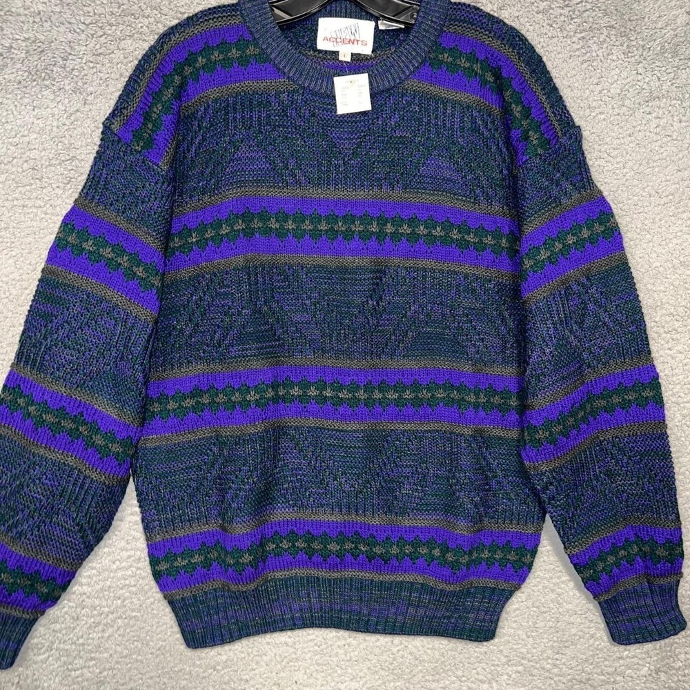 NOS New Accents Sweater Men's Size L Purple Striped Pullover Grandpa VTG NWT 80s